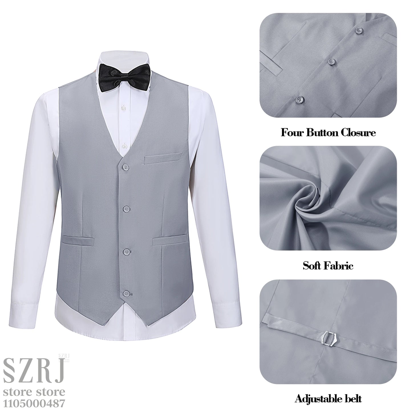 Men's 4-Piece Suit: Jacket+Vest+Pants+Black Tie. V-Neck, Gentleman Style, Premium, Tailored. For Business, Parties, Weddings.