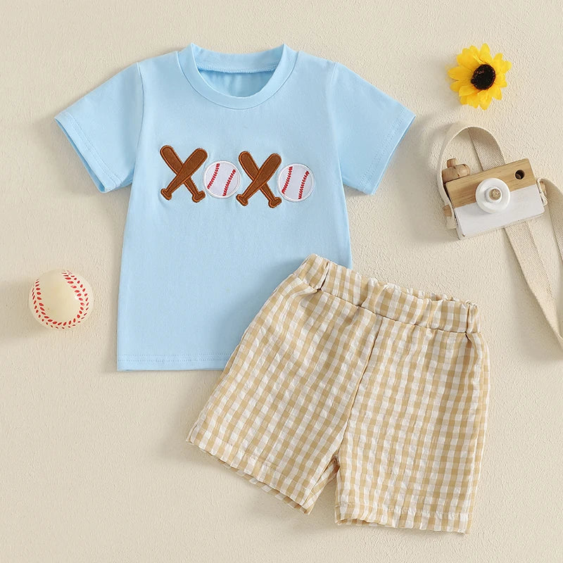 Boys 2-Piece Outfit Set with Embroidered Baseball Tee and Plaid Shorts Elastic Waistband Short Sleeve Top
