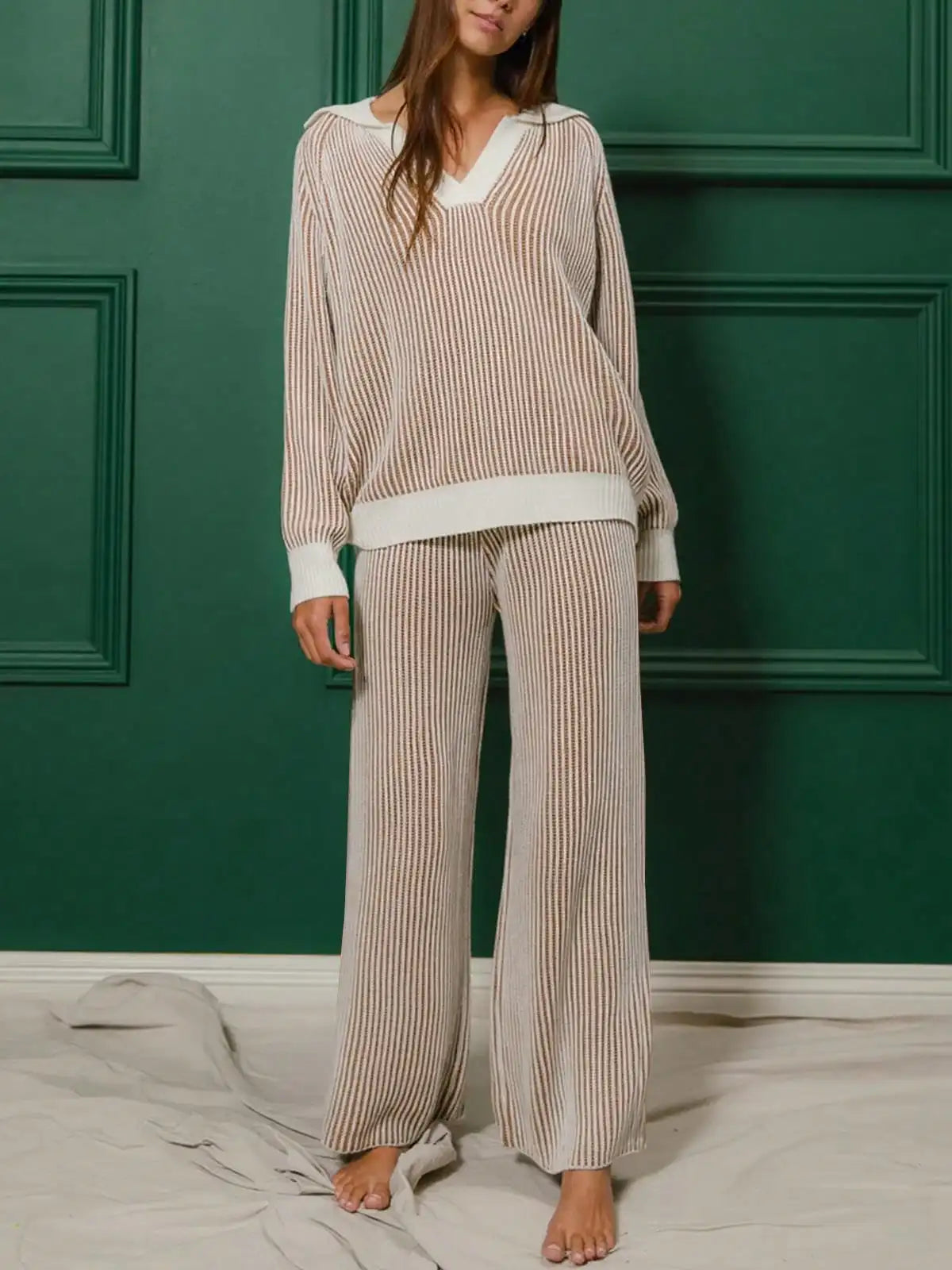 Fisoew Striped Knit Sweater 2 Piece Set | Fall Winter Oversized Loungewear Matching Outfit | Cozy Street Style Casual Tracksuit