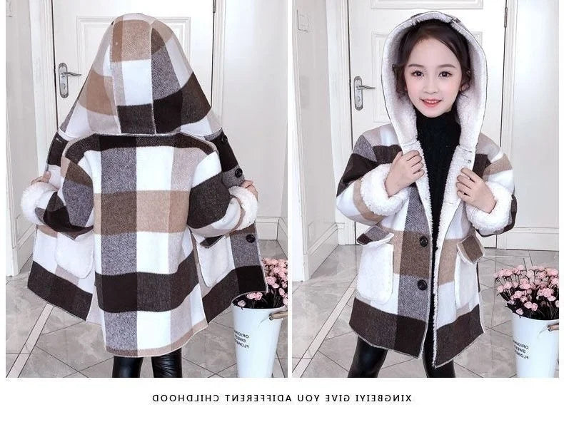 Fashion Girls clothing Jackets Autumn Winter parka Clothes Medium Long coat windbreaker Plaid Thicken Lamb Children Woolen Coats