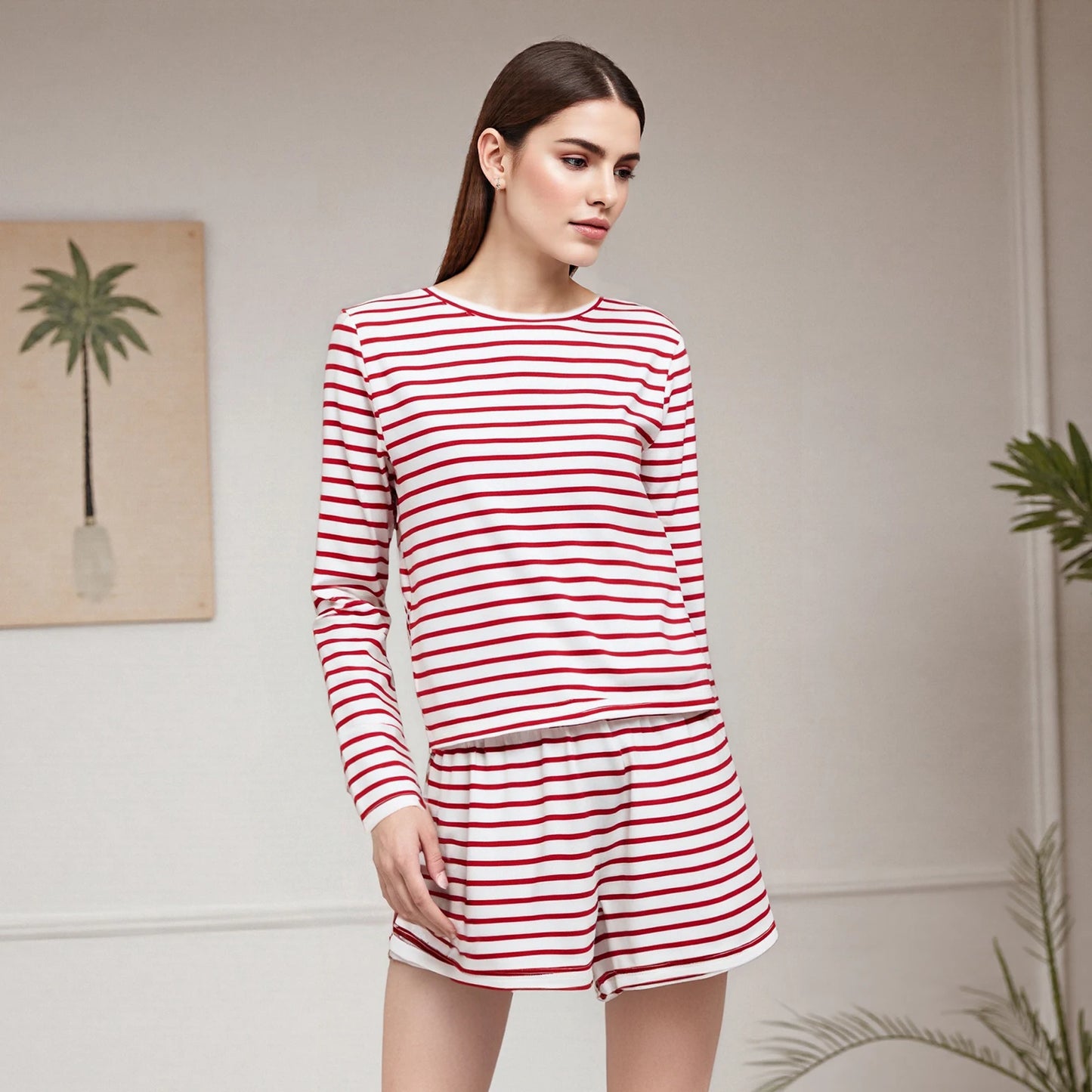 Women s Summer Fashion Stylish Striped Long Sleeve Crew Neck Top and Shorts Set for a Casual and Loose Fit Outfit