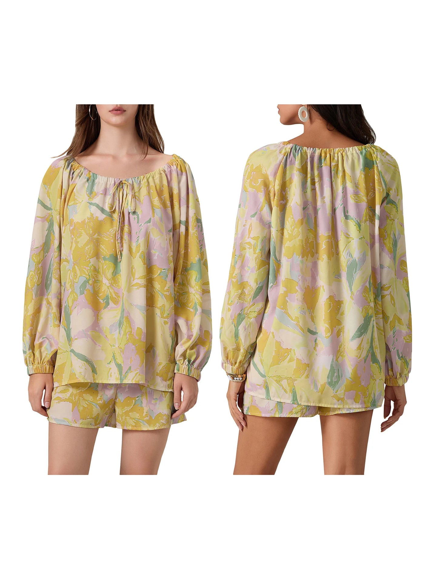 Elegant Floral Ensemble Stylish Long Sleeve Blouse with Tie-up Detail and Elastic Waist Shorts for a Chic Summer Look