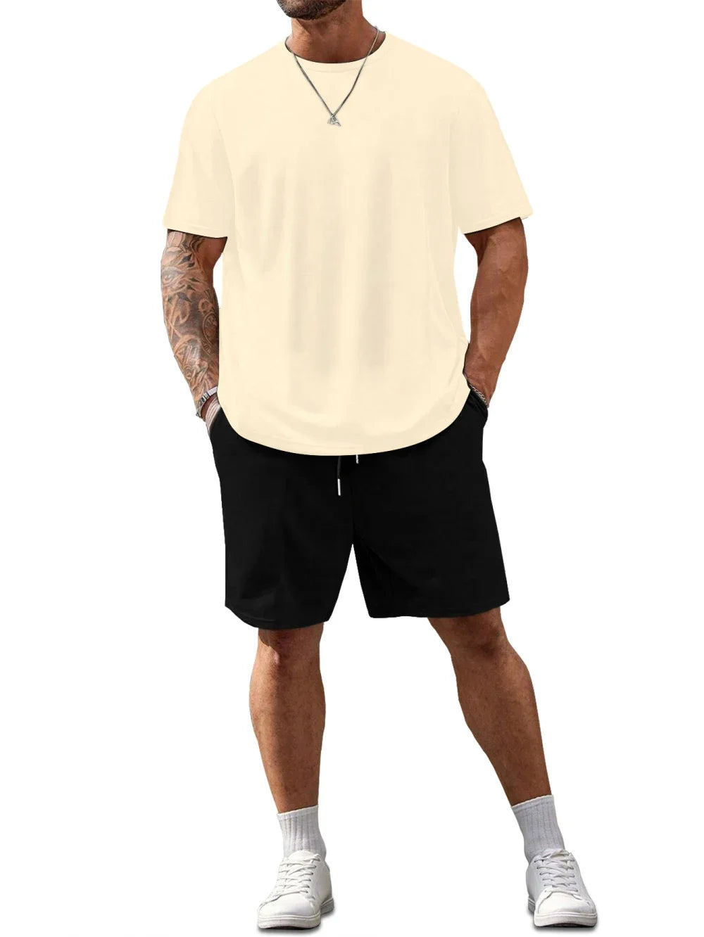 Men's 100 Cotton T-shirt Set Casual Oversized Set Paris Letter Printed Loose Round Neck Short Sleeved T-shirt+shorts Two-piece