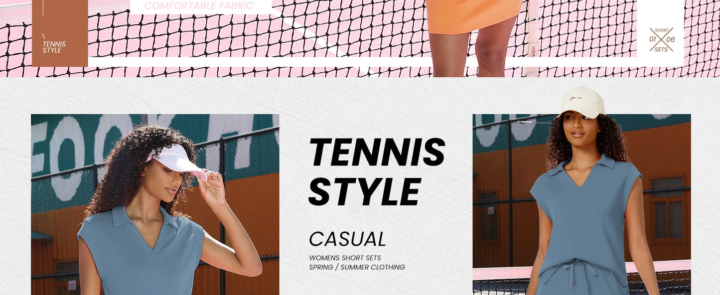 Womens Two Piece Skirt Sets Tennis Outfits Casual Cap Sleeve Lapel Shirt Summer Athletic Sport Short Skort Set