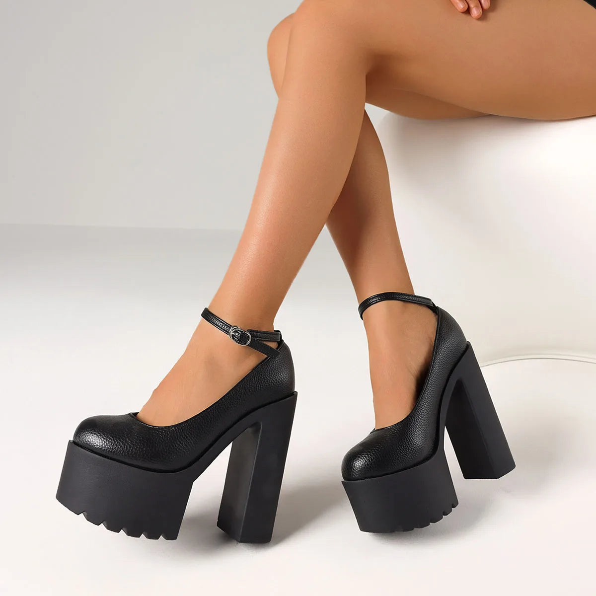 Elegant Women Chunky High Heel Pumps Round Toe Ankle Strap Platform Office Lady Dress Luxury Fashion Comfy Shoes