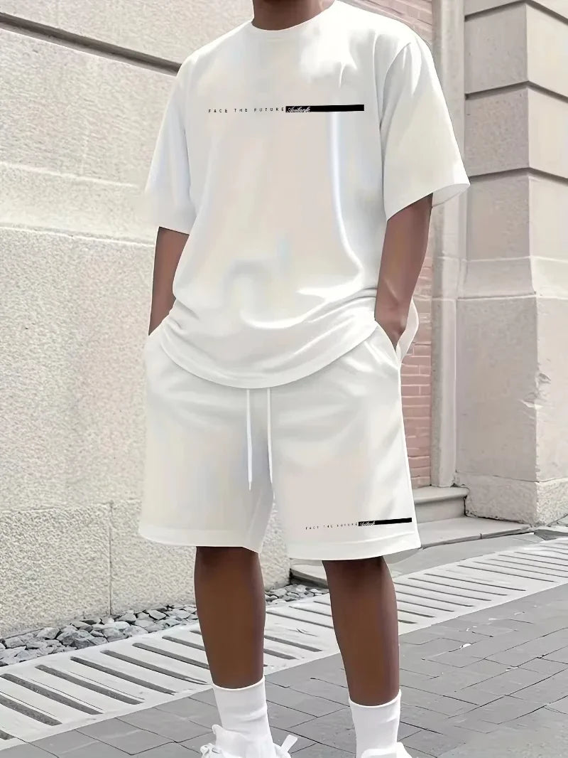 Men's 100 Cotton T-shirt Set Casual Oversized Set Paris Letter Printed Loose Round Neck Short Sleeved T-shirt+shorts Two-piece