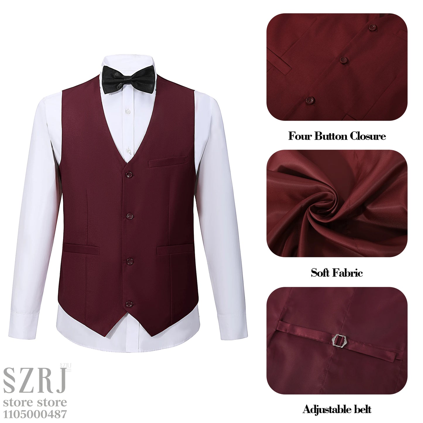 Men's 4-Piece Suit: Jacket+Vest+Pants+Black Tie. V-Neck, Gentleman Style, Premium, Tailored. For Business, Parties, Weddings.