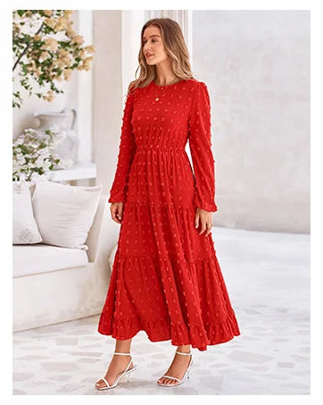 Women's Spring Fall Midi Dress Casual Long/Short Sleeve Elegant and fashionable V Neck Swiss Dot Pleated A Line Flowy Dresses