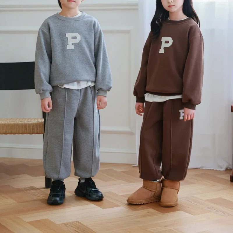 2025 Winter New Boys Girls Letter Sportswear Set Children Fleece Sweatshirt + Sweat Pants 2 Pcs Suit Kids Baby Warm Tracksuit