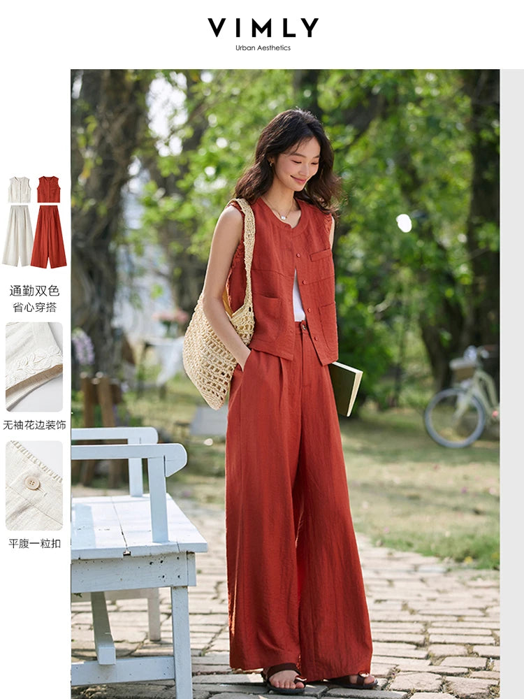 VIMLY Fashion Temperament Suit Women's Summer 2025 New Design Sleeveless Vest Wide-leg Pants Two-piece Set A0820