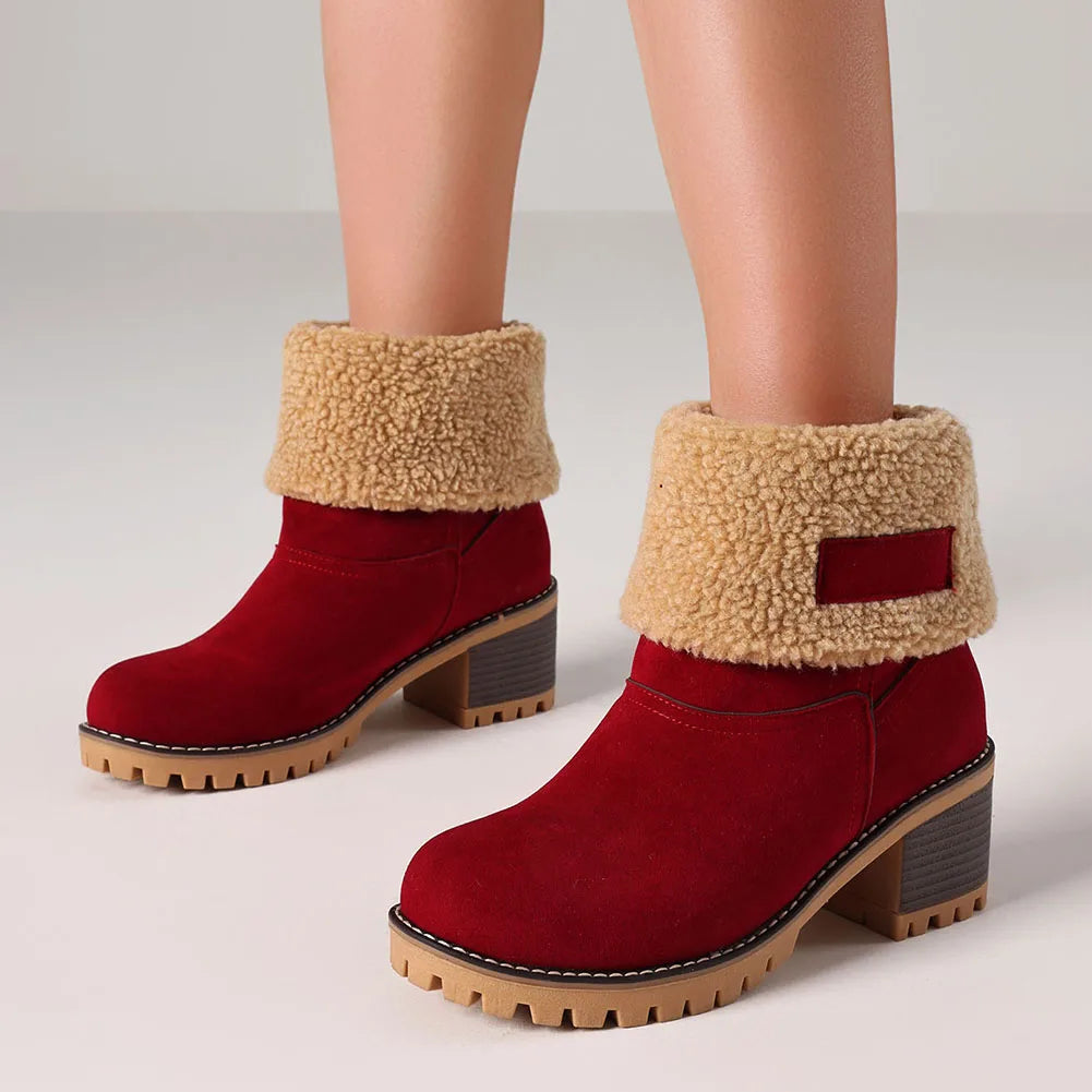 Winter Faux Fur Snow Boots For Women Platform Block Chunky Heels Pull On Comfortable Outdoor Suede Warm Boots