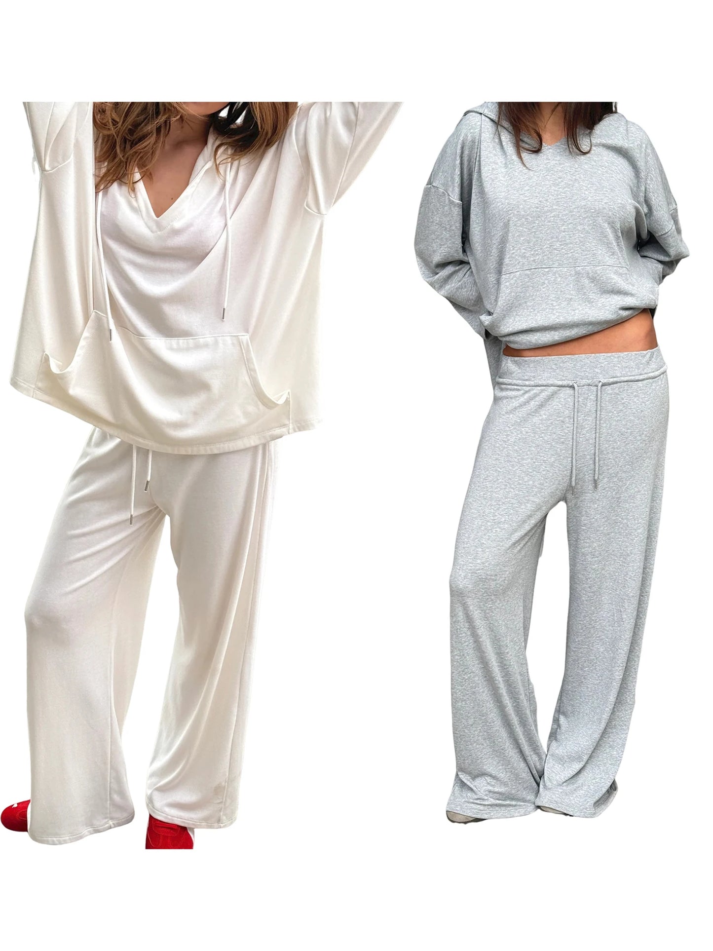Women s Two-Piece Outfit Long Sleeve Hoodie and Pants Set in Solid Color with Convenient Pockets for Activewear