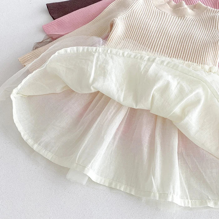 2025 New Autumn European American Style 1-6Yrs Baby Girl Party Dress Long Sleeved Knitted Mesh Splicing Kids Princess Dresses