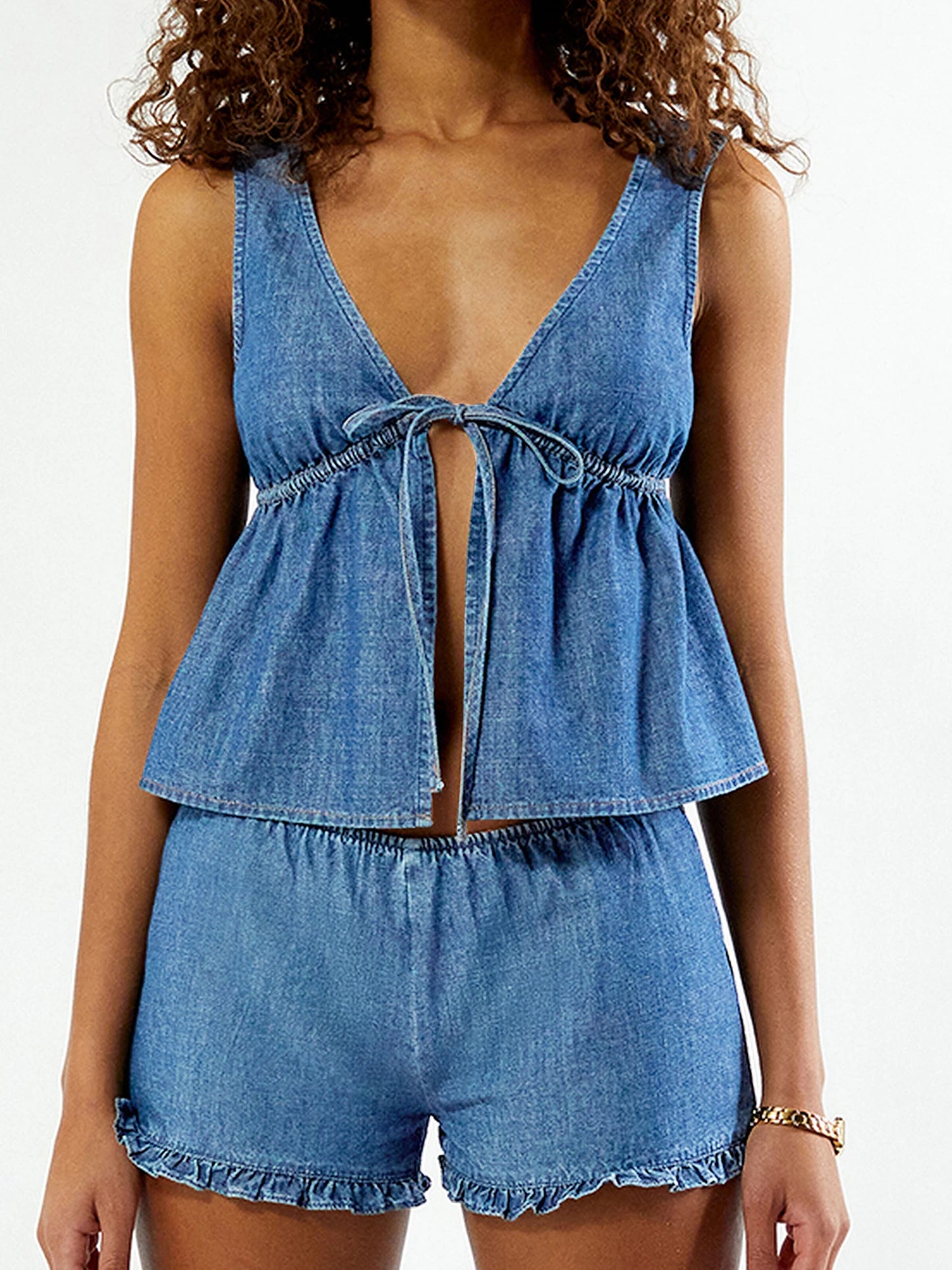 Women s Denim Ensemble Stylish Deep V Neck Tank Top with Tie Front Detail and Elastic Waist Ruffle Shorts - 2 Piece Set for