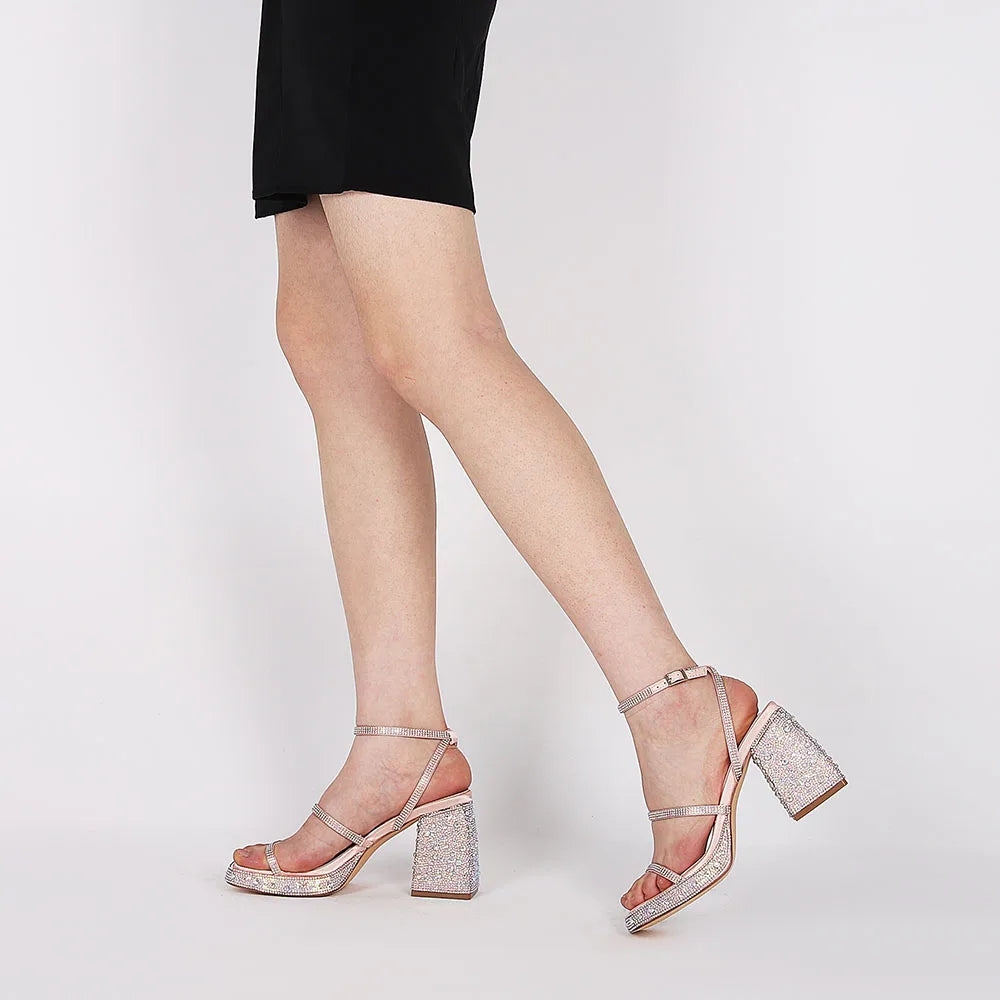 GIGIFOX Shiny Crystals Women Sandals Platform Chunky High Heel Ankle Strap Buckle Strap Shoes Sexy Elegant Dress Party Sandals