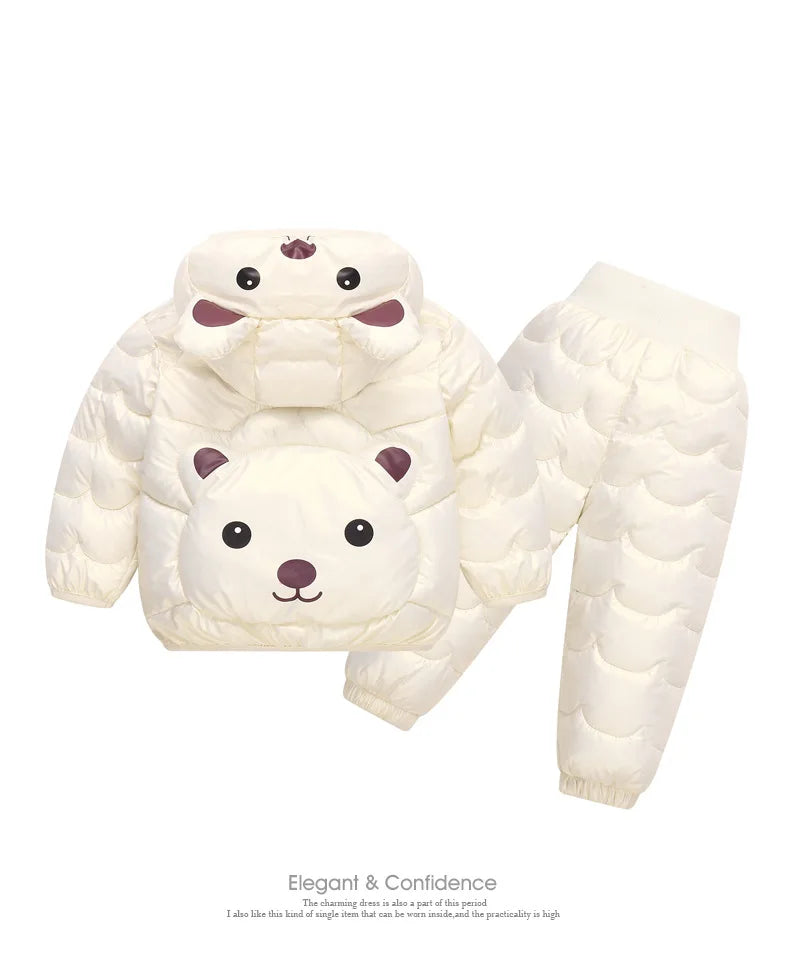 2023 New Children's Winter Set Boys and Girls' Down Coat Cartoon Bear Hooded Coat+Pants Baby Snow Thickened Warm Set 0-5Y
