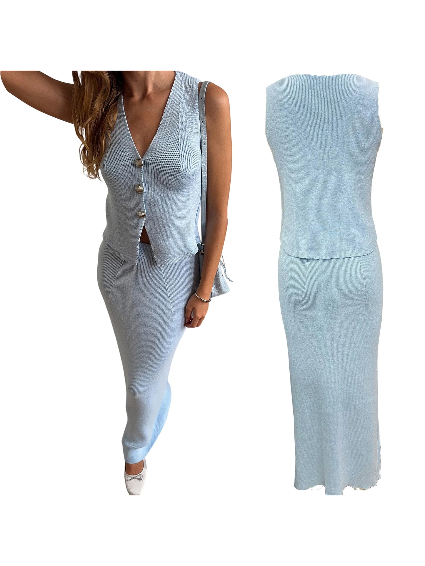 Elegant 2 Piece Knitted Set Sleeveless V Neck Top with Elastic Waist Bodycon Skirt Solid Color Matching Outfit for Women