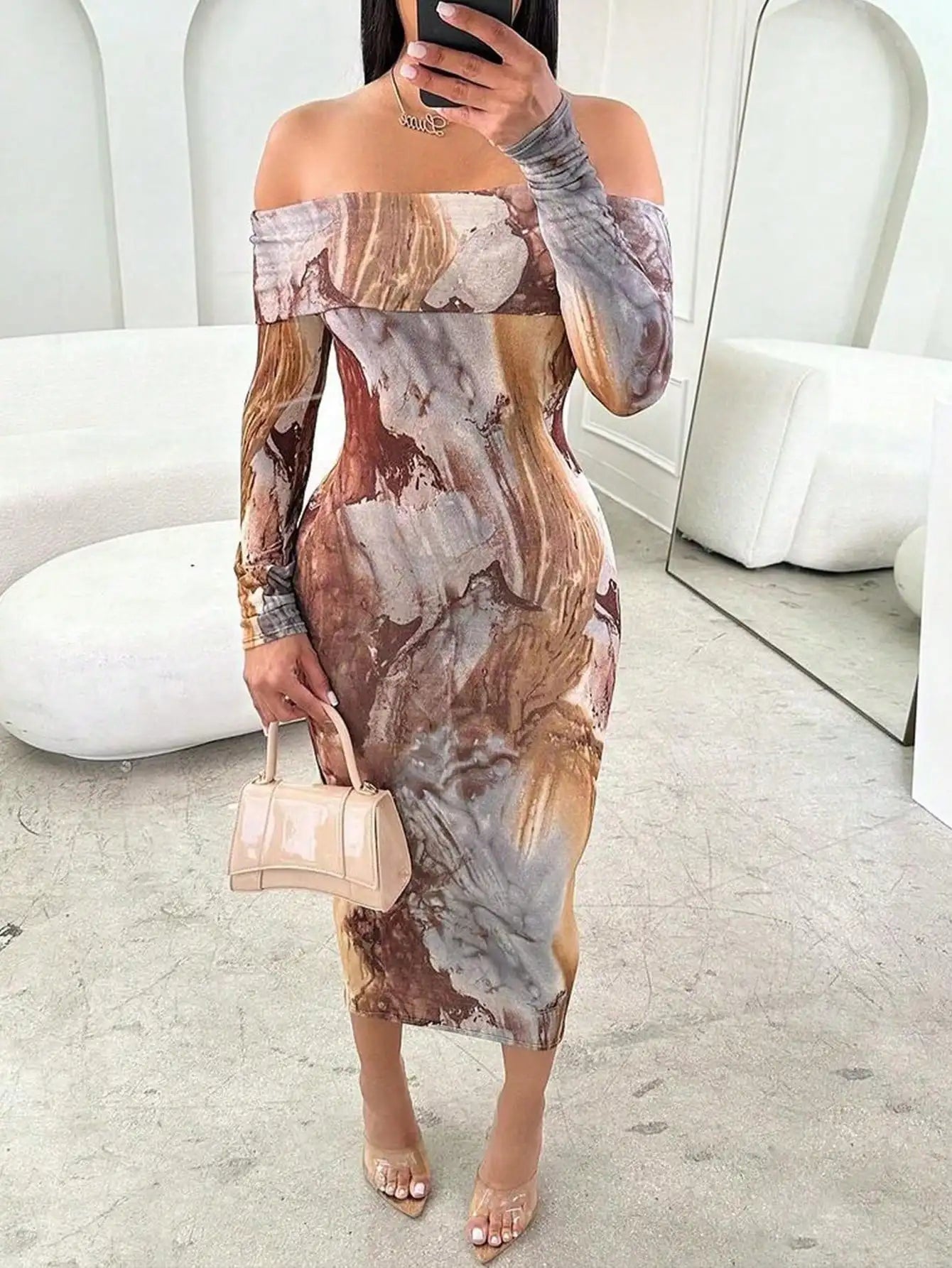 2025 latest women's retro fashion print sexy one-word shoulder long sleeve one-step skirt