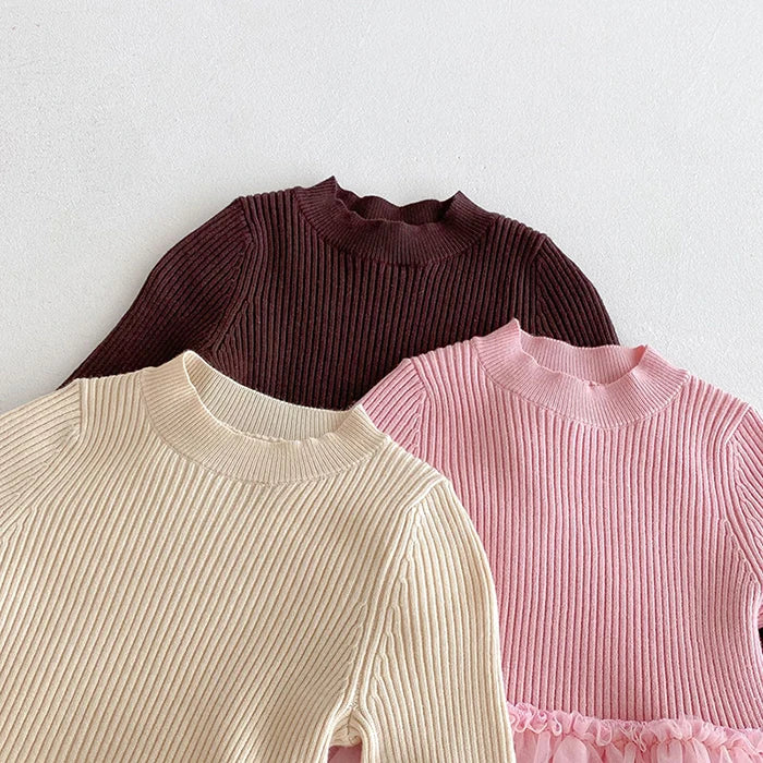 2025 New Autumn European American Style 1-6Yrs Baby Girl Party Dress Long Sleeved Knitted Mesh Splicing Kids Princess Dresses