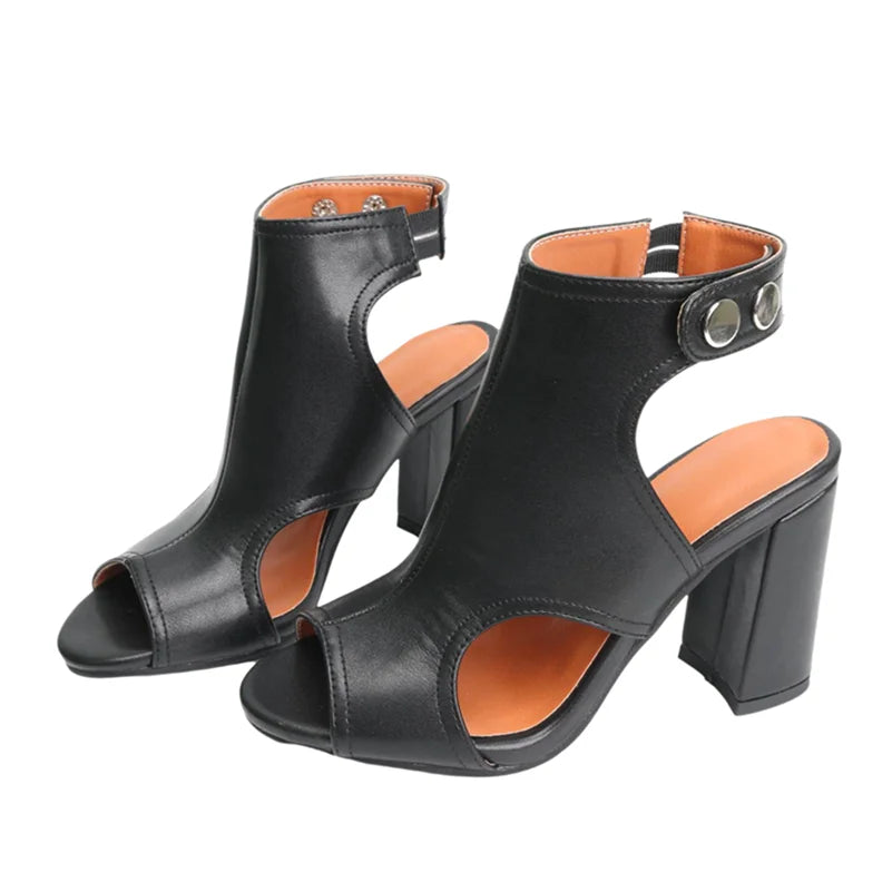 Meotina Women Ankle Strap Sandals Peep Toe Chunky High Heels Sexy Brand Design Ladies Fashion Shoes Summer Brown White Black 46