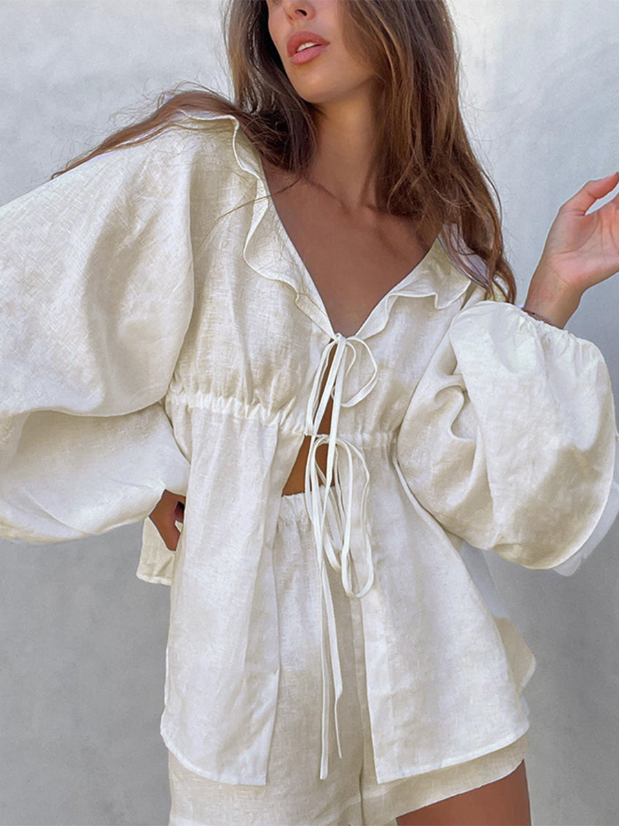 Women 2 Piece Outfits Ruffle Loose Tie Front Long Sleeve Shirt and Casual Elastic Shorts Club Streetwear Summer Clothes