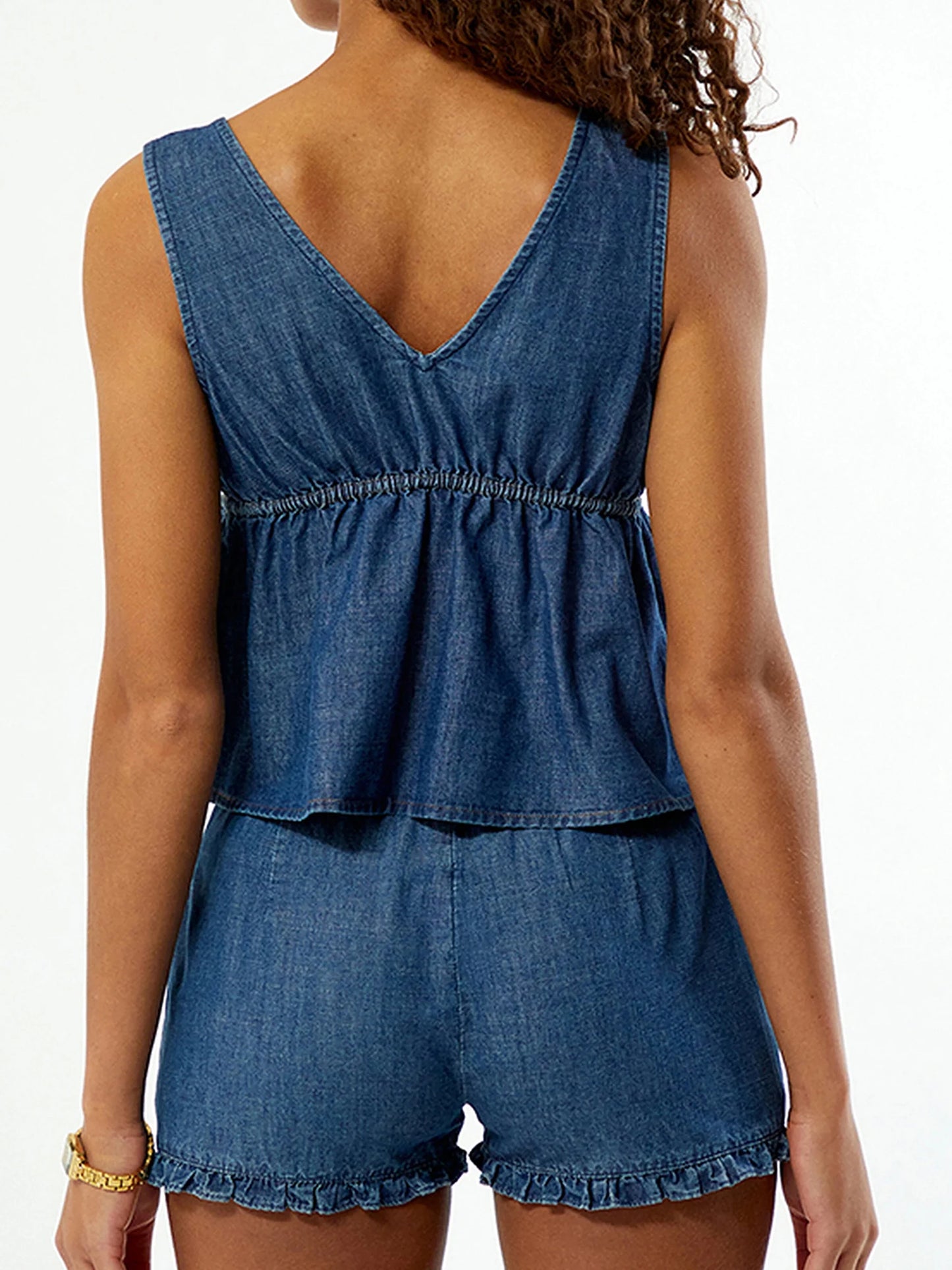 Women s Denim Ensemble Stylish Deep V Neck Tank Top with Tie Front Detail and Elastic Waist Ruffle Shorts - 2 Piece Set for