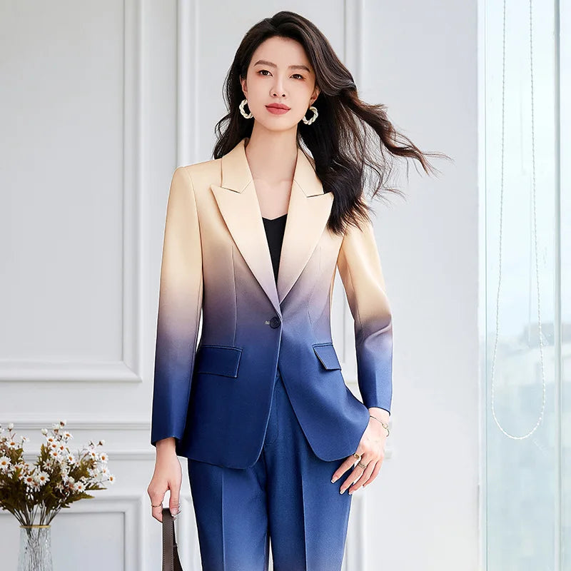 HIGH STREET Newest Fashion 2024 Designer Suit Set Women's Gradient Color Printed Single Button Blazer Flare Pants Suit