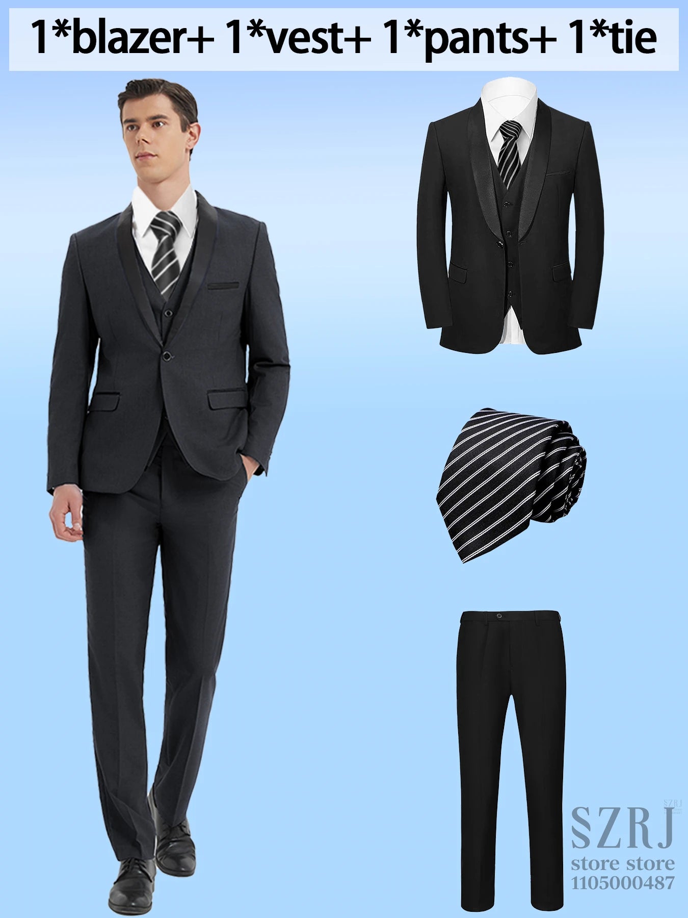 4pcs Men's Suit: Blazer, Vest, Pants, Black Tie.  One Button, Plain Color Tuxedo. Regular Fit. For Wedding, Groomsman Attire.