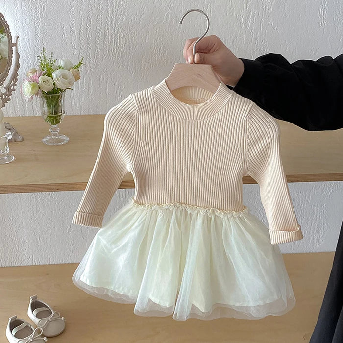 2025 New Autumn European American Style 1-6Yrs Baby Girl Party Dress Long Sleeved Knitted Mesh Splicing Kids Princess Dresses