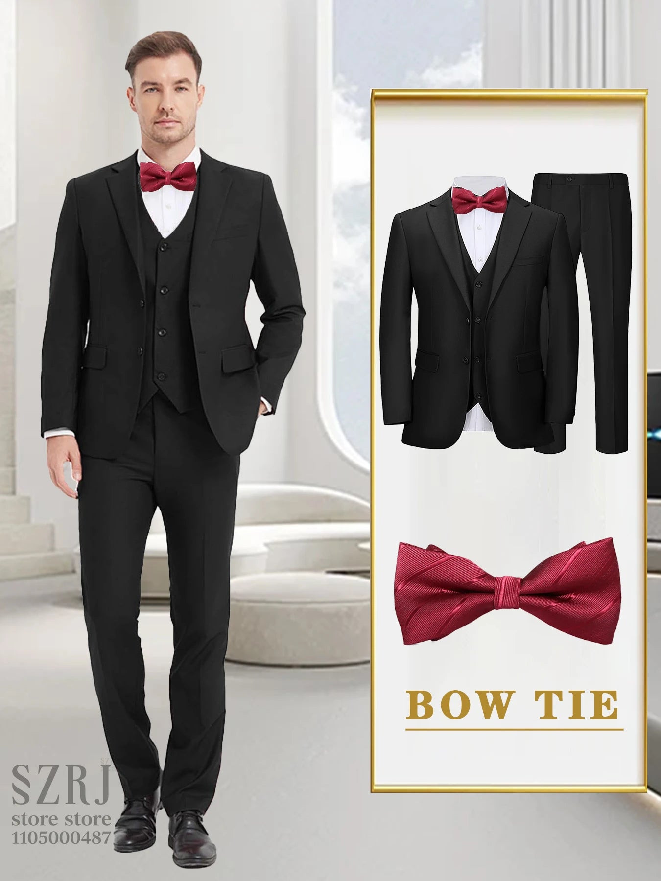 4-piece men's suit: jacket+vest+pants+red tie, comfortable fabric, exquisite cutting, suitable for weddings/business/banquets