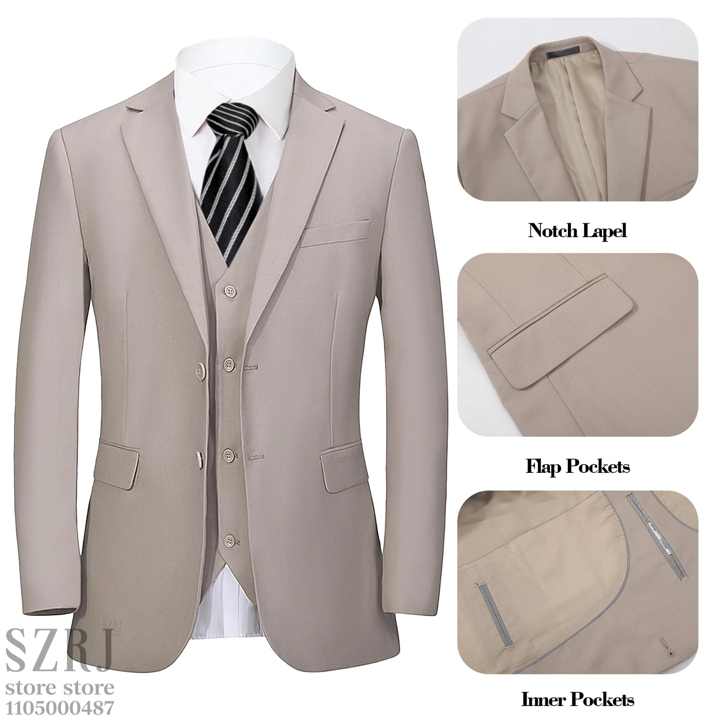 4-piece men's suit: jacket+vest+pants+red tie, comfortable fabric, exquisite cutting, suitable for weddings/business/banquets