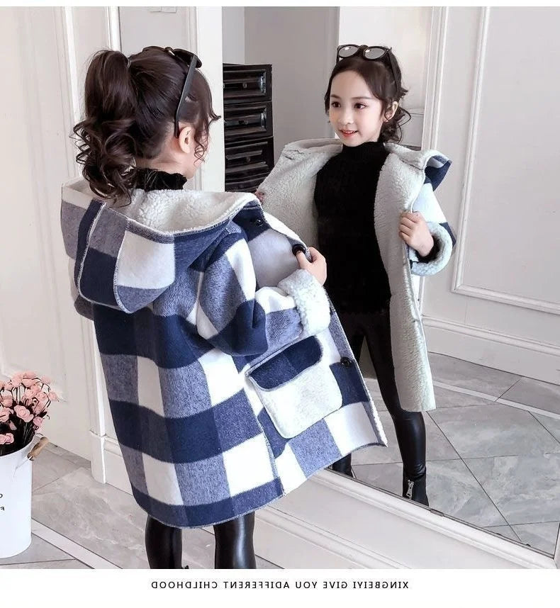Fashion Girls clothing Jackets Autumn Winter parka Clothes Medium Long coat windbreaker Plaid Thicken Lamb Children Woolen Coats