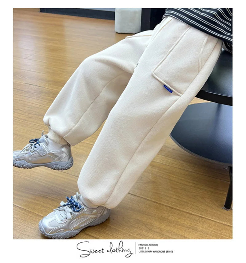 Boys Girls Fleece Line Pants Winter Children Thick Velvet Warm Trousers Autumn New Girls Elastic Solid Casual Sweatpants 2-12Y