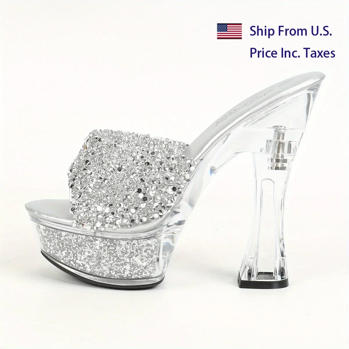 【Send from US Inc Taxs】Glass Hotel Water Diamond Coarse 14CM Heel Banquet Slippers Women's Summer  Thick Bottom Sexy Crystal