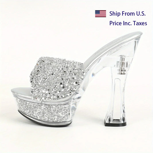 【Send from US Inc Taxs】Glass Hotel Water Diamond Coarse 14CM Heel Banquet Slippers Women's Summer  Thick Bottom Sexy Crystal