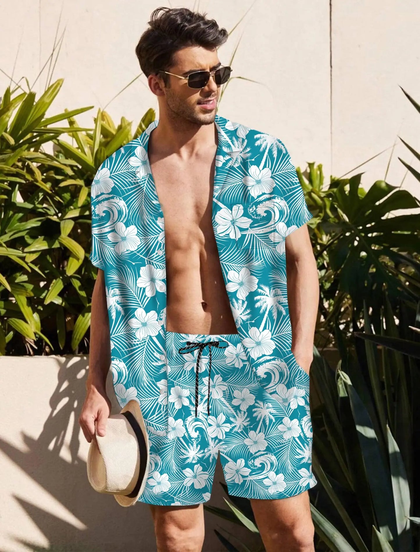 KYKU Mens Hawaiian Shirt and Short Set - Summer Short Sleeve Button Down Beach Shirts Tropical Vacation 2 Piece Outfits