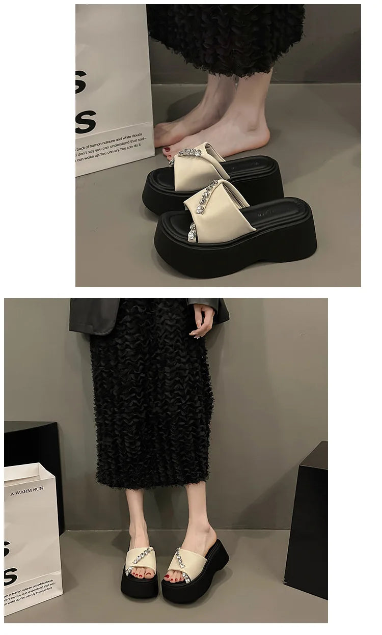 2024 Rhinestones Summer Sandals for Women Fashion Outdoor Wear Slippers high-end Thick Soled Shoes Ladies Elegant Beach Sandals