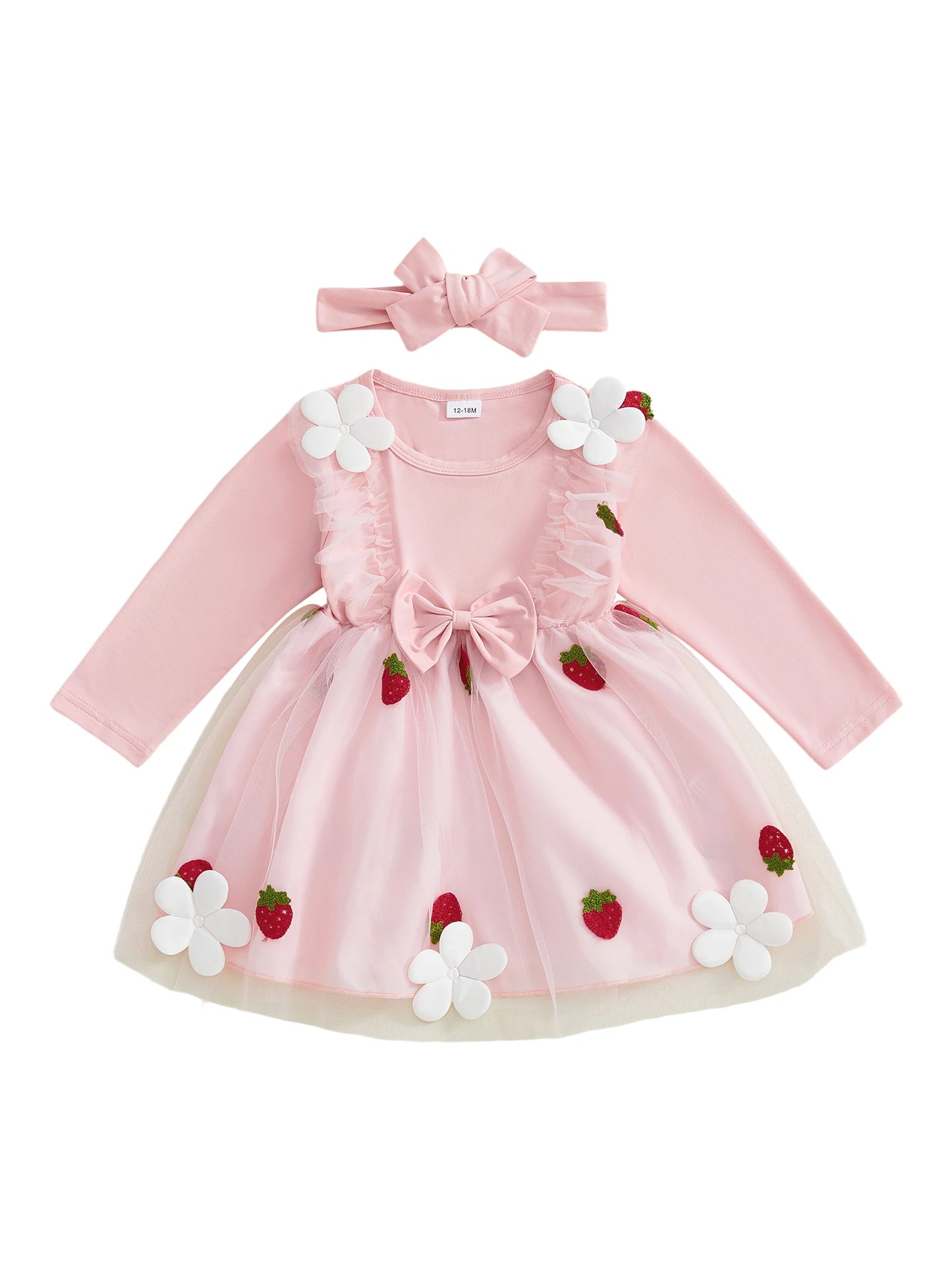 Infant Girls Long Sleeve Crew Neck Dress with Strawberry Embroidery Floral Bow Detail and Tutu Skirt