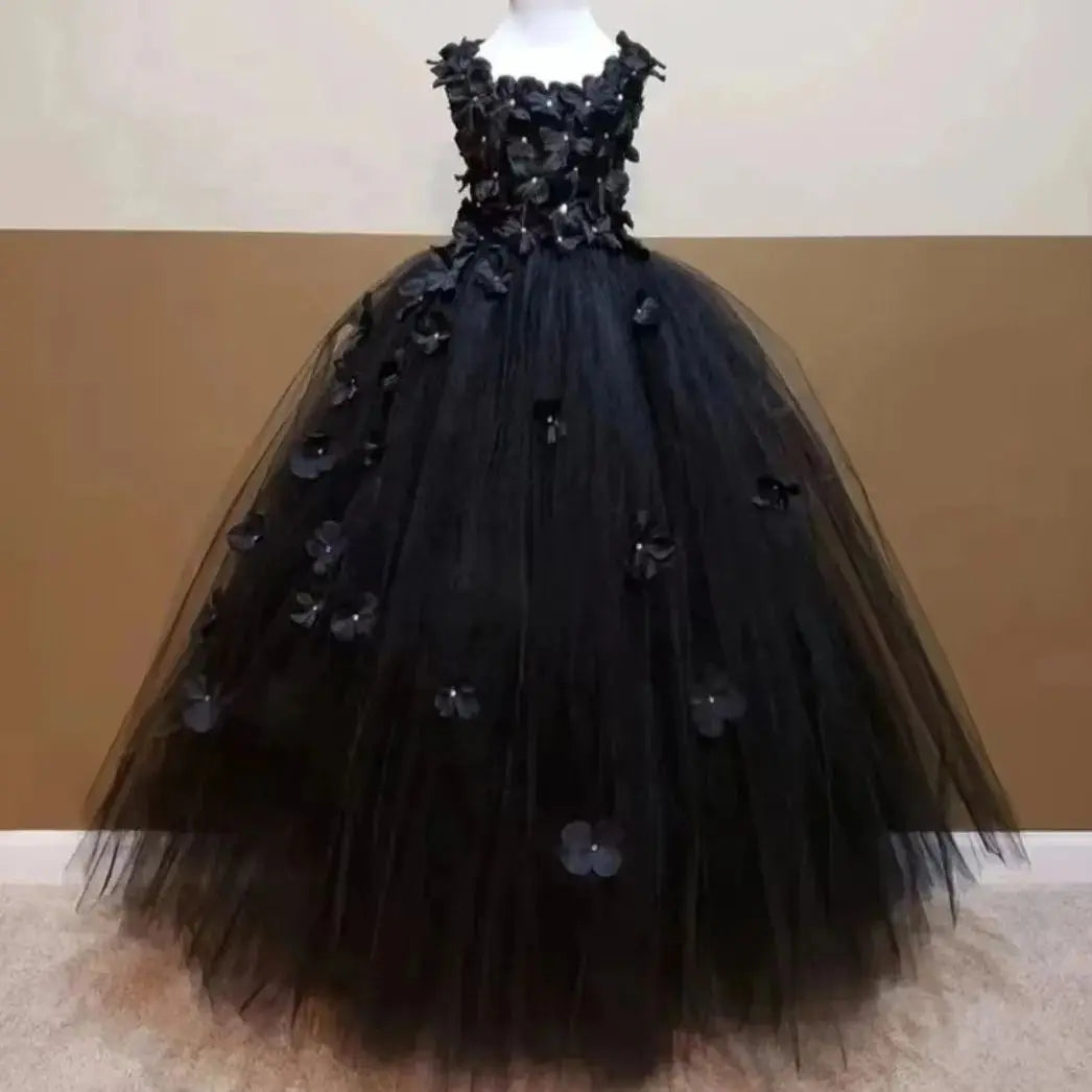 Girls black Flower Petals Tutu Dress Kids Crochet Tulle Dress Ball Gown Children Birthday Wedding Party Costume Evening Dress