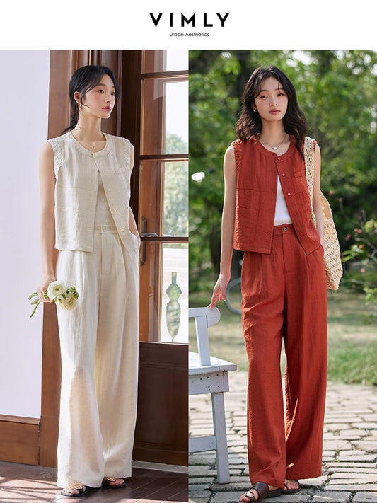 VIMLY Fashion Temperament Suit Women's Summer 2025 New Design Sleeveless Vest Wide-leg Pants Two-piece Set A0820