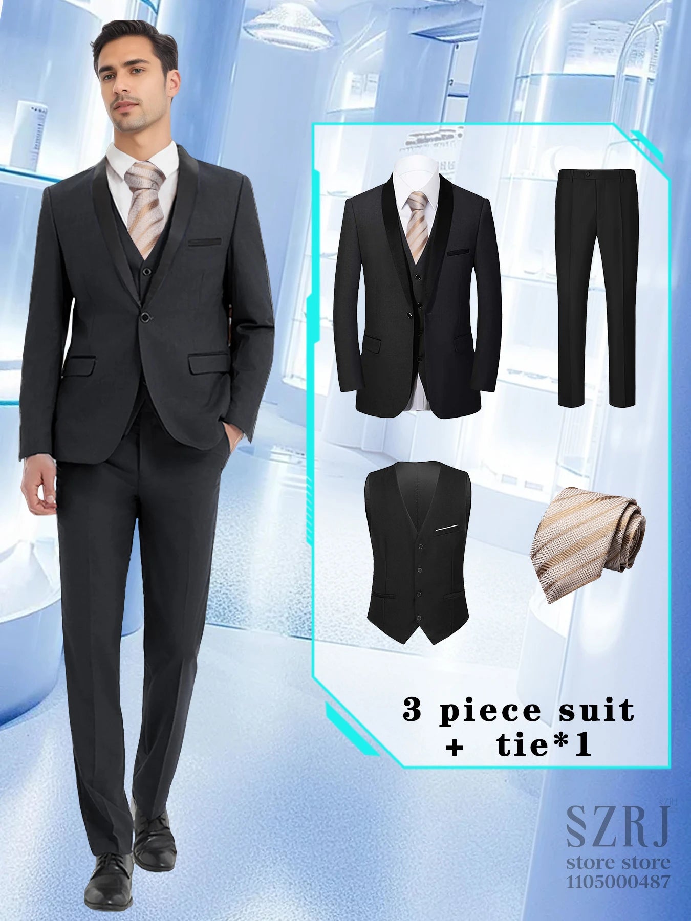 4-Piece Men's Suit: Jacket, Pants, Vest & Gold Tie. Fashionable, Concise, Multifunctional. For Business, Banquets, Weddings.