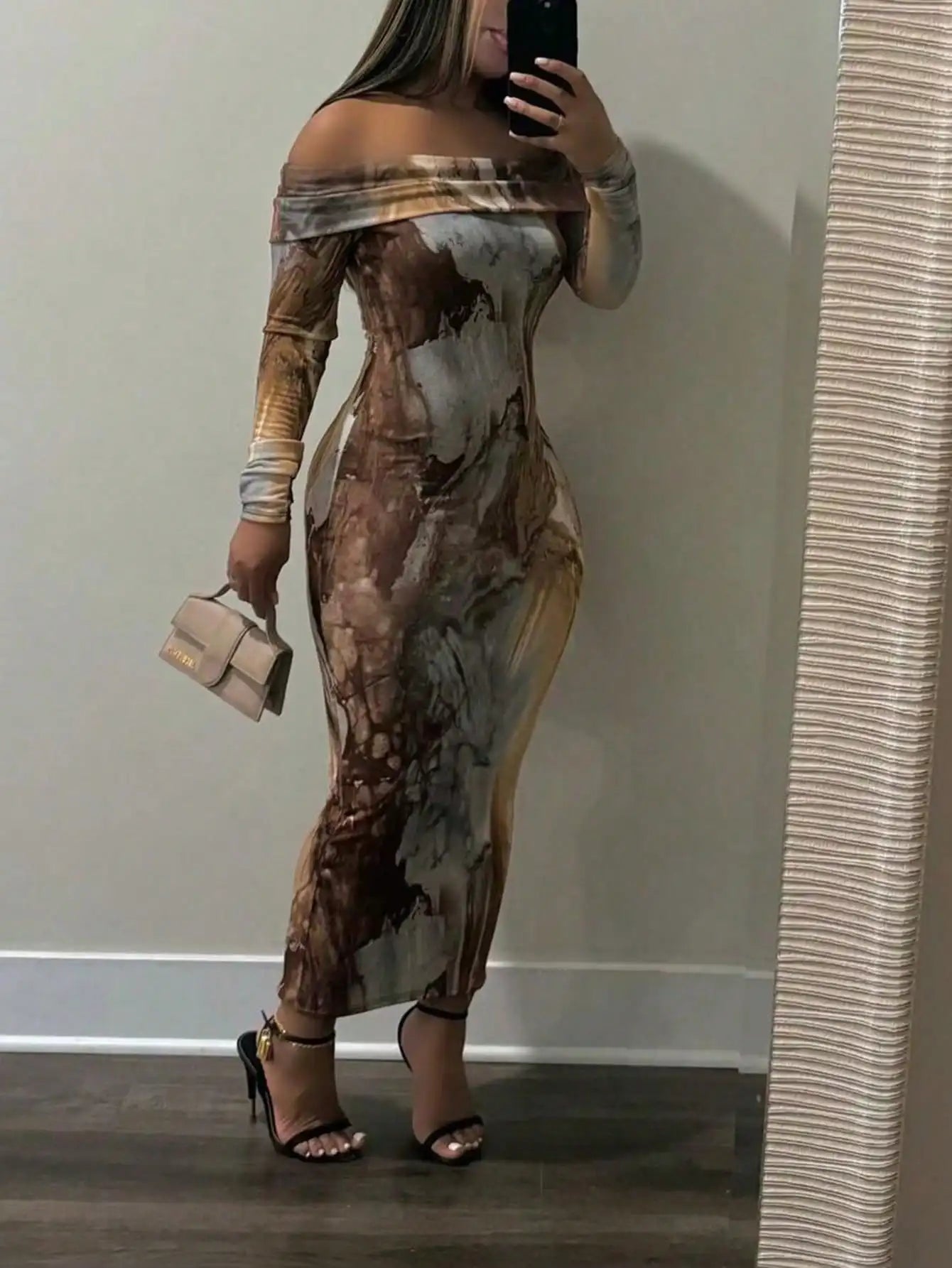 2025 latest women's retro fashion print sexy one-word shoulder long sleeve one-step skirt