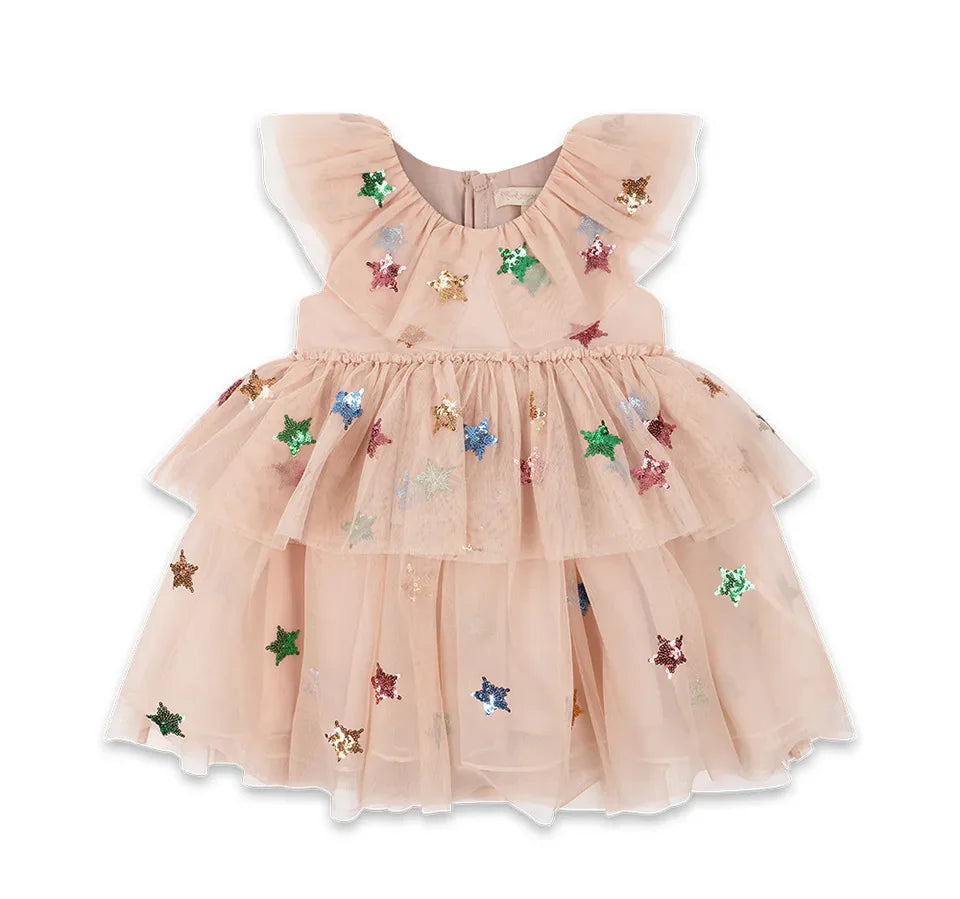 2024 KS Baby Girls Star Sequins Dress Kids Clothes Girls Mesh Princess Dresses Children Casual Skirts Christmas Party Vestidos