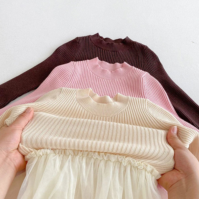 2025 New Autumn European American Style 1-6Yrs Baby Girl Party Dress Long Sleeved Knitted Mesh Splicing Kids Princess Dresses