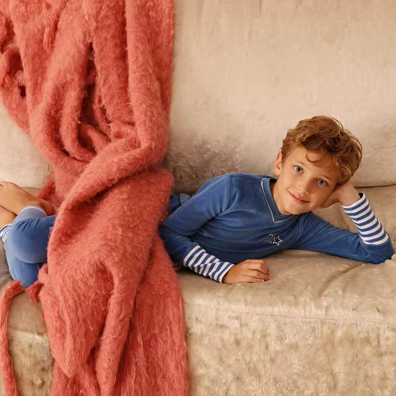 Children's pajamas family matching blue and pink set girls dress baby boy and girls romper autumn winter clothes stripes trims