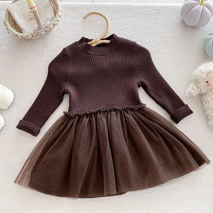 2025 New Autumn European American Style 1-6Yrs Baby Girl Party Dress Long Sleeved Knitted Mesh Splicing Kids Princess Dresses