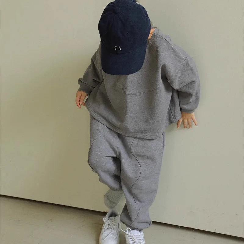 2025 Winter New Children Plus Velvet Thick Clothes Set Solid Boys Girls Fleece Sweatshirt + Pants 2pcs Suit Kids Warm Outfits