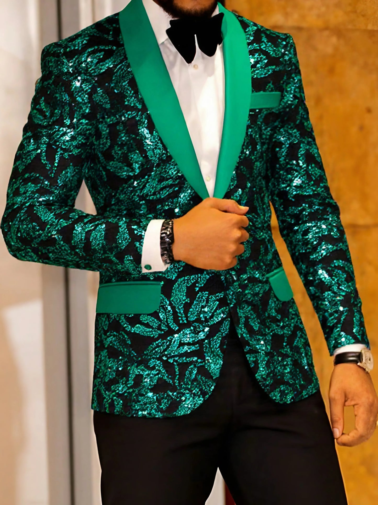 Men's single-breasted velvet tuxedo jacket, patterned suit jacket, single-button shawl lapel evening dress, ball gown, party dre