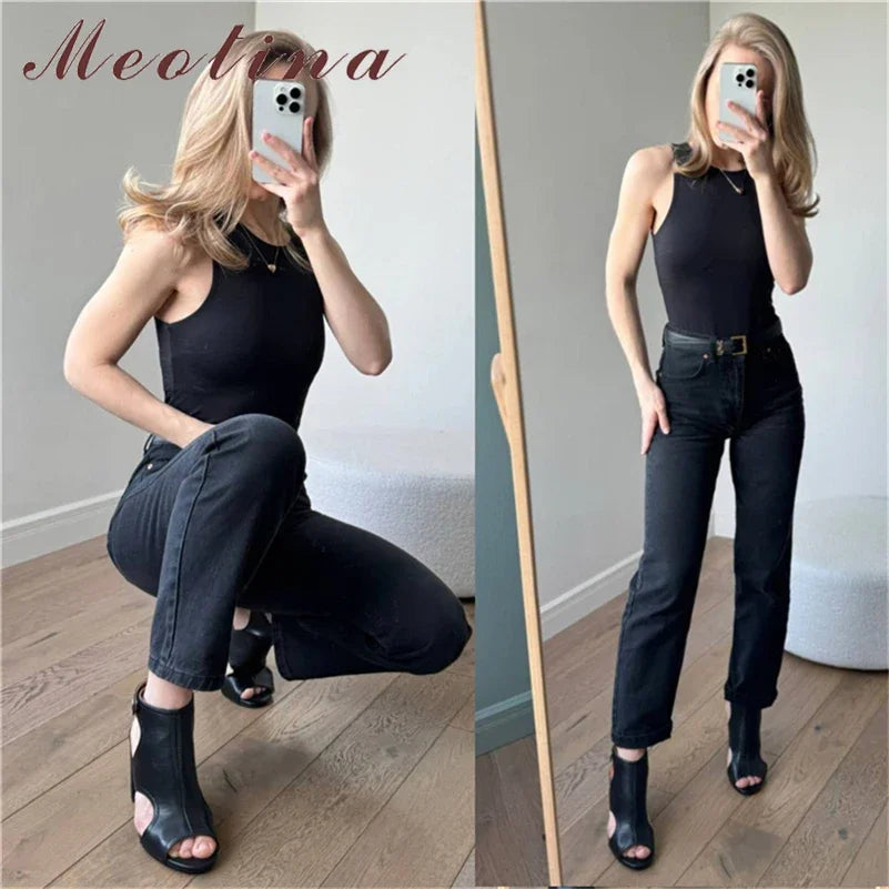 Meotina Women Ankle Strap Sandals Peep Toe Chunky High Heels Sexy Brand Design Ladies Fashion Shoes Summer Brown White Black 46