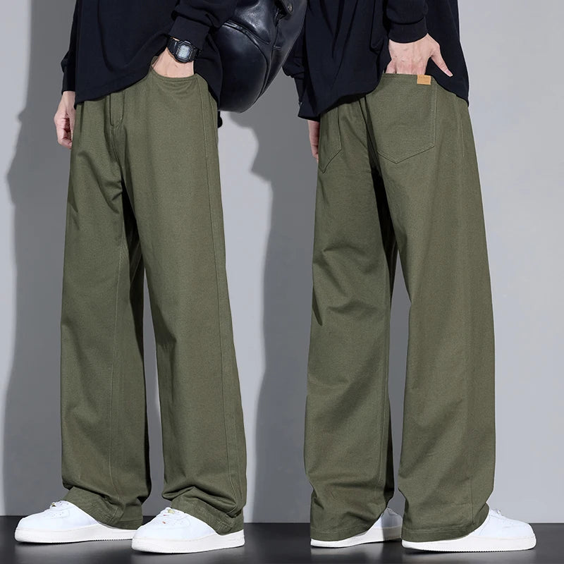 100% Cotton Men's Baggy Wide-leg Pants Soft Breathable Loose Straight Casual Trousers Spring Autumn Fashion Korean Streetwear